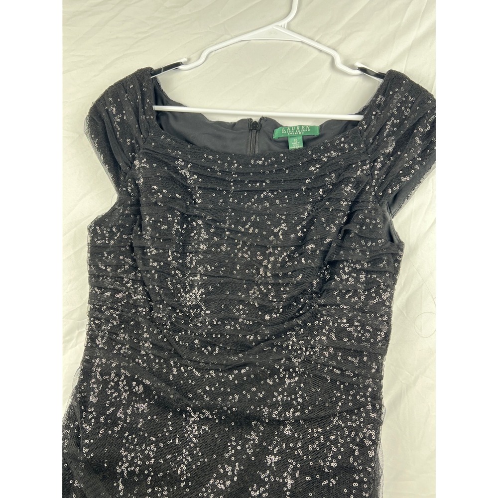 VTG Ralph‎ Lauren Evening Black Sequin Ruched Cap Sleeve Cocktail Dress Sz 10